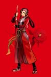  1girl belt brown_eyes brown_hair closed_mouth commentary_request copyright_request flower full_body hakama hankuri holding holding_sword holding_weapon japanese_clothes katana long_hair looking_at_viewer red_background red_flower red_hakama scabbard sheath solo sword tabi unsheathing weapon white_legwear 