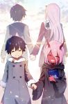  1boy 1girl book closed_eyes coat commentary_request couple darling_in_the_franxx eyebrows_visible_through_hair fingernails fur_trim grey_coat grin hair_between_eyes hand_holding happy highres hiro_(darling_in_the_franxx) holding holding_book hoshizaki_reita long_sleeves oni oni_horns pink_hair purple_hair red_skin robe sharp_fingernails signature smile standing younger zero_two_(darling_in_the_franxx) 