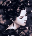  1girl blurry blurry_background blurry_foreground closed_eyes closed_mouth depth_of_field earrings eyelashes from_side guweiz jewelry lips monochrome original realistic short_hair solo tree_branch upper_body 