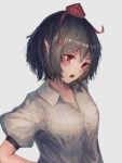  1girl :o black_hair breasts eyebrows_visible_through_hair fjsmu grey_background hair_between_eyes hat head_tilt highres looking_down looking_to_the_side open_mouth pointy_ears puffy_short_sleeves puffy_sleeves red_eyes shameimaru_aya shirt short_hair short_sleeves simple_background small_breasts solo tokin_hat touhou upper_body white_shirt 