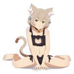  1boy :3 animal_ears bell bell_choker between_legs cat_ears cat_lingerie cat_tail choker commentary eyebrows_visible_through_hair felix_argyle hair_ribbon hand_between_legs hands_on_ground highres light_brown_hair lingerie looking_at_viewer meme_attire navel orange_eyes re:zero_kara_hajimeru_isekai_seikatsu ribbon shadow short_hair showers-u simple_background sitting smile spread_legs tail thick_eyebrows trap underwear underwear_only wariza white_background 