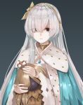  1girl absurdres anastasia_(fate/grand_order) bangs blue_eyes cape choker commentary_request crown doll eyebrows_visible_through_hair eyes_visible_through_hair fate/grand_order fate_(series) gem grey_background hair_over_one_eye hairband highres holding holding_doll jewelry long_hair looking_at_viewer mini_crown necklace pendant royal_robe silver_hair simple_background single_earring solo upper_body yuuuuu 