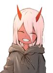  1girl commentary darling_in_the_franxx eyes_visible_through_hair facing_viewer grin hair_between_eyes highres hood hood_down horns hoshizaki_reita long_hair looking_at_viewer oni pink_hair red_skin robe sharp_teeth simple_background smile solo teeth upper_body white_background younger zero_two_(darling_in_the_franxx) 