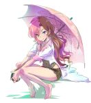  1girl absurdres alternate_costume bare_legs barefoot brown_eyes brown_hair commentary_request denim denim_shorts heterochromia highres iesupa long_hair multicolored_hair neo_(rwby) parasol pink_eyes pink_hair rwby shorts solo umbrella 