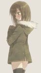  1girl bangs black_legwear blush brown_eyes brown_hair coat cowboy_shot from_behind fur-trimmed_coat fur_trim grey_background hand_on_own_chest hood hood_down hooded_coat long_sleeves no_pants original simple_background solo thigh-highs tsuke_(maholabo) winter_clothes 
