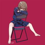  1girl barefoot brown_hair glasses harada_yuuichi head_rest original red_background red_eyes school_uniform serafuku sitting sitting_backwards solo 