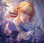  1girl absurdres bangs blonde_hair blue_eyes blue_jacket braid brooch dress fence gate hair_between_eyes hair_intakes hair_ribbon highres jacket jewelry long_sleeves looking_at_viewer red_ribbon ribbon solo violet_evergarden violet_evergarden_(character) yakumo_1041624199 