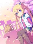  1girl backpack bag blonde_hair blue_eyes boots cherry_blossoms closed_mouth dutch_angle hair_ornament highres hood hooded_jacket jacket long_hair looking_at_viewer masaki_(machisora) open_clothes open_jacket original outdoors petals pleated_skirt sitting skirt smile solo thigh-highs twintails 
