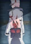  2girls :o aqua_eyes armband back-to-back black_nails breasts cowboy_shot darling_in_the_franxx dual_persona fingernails hair_between_eyes hat height_difference holding large_breasts long_fingernails long_hair long_sleeves looking_at_viewer looking_to_the_side military military_uniform multiple_girls nail_polish nandz object_hug oni oni_horns open_mouth peaked_cap pink_hair profile red_skin robe sanpaku shaded_face sleeves_past_fingers standing tareme time_paradox uniform white_coat white_hat zero_two_(darling_in_the_franxx) 