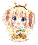  1girl :d ankleband antennae bangs barefoot bee_costume blonde_hair blue_eyes blush chibi commentary_request dress eyebrows_visible_through_hair fake_antennae flower frilled_dress frills hair_flower hair_ornament hairband holding holding_flower looking_at_viewer open_mouth orange_scrunchie original pan_(mimi) simple_background sitting smile solo striped striped_dress twintails wariza white_background wings wristband 