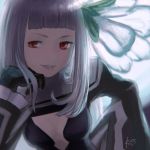  1girl bangs black_dress black_gloves blunt_bangs blurry blurry_background bravely_default_(series) bravely_second:_end_layer breasts chin_rest commentary_request copyright_request depth_of_field dress gloves grey_hair hand_up long_hair long_sleeves looking_at_viewer magnolia_arch parted_lips red_eyes reiesu_(reis) signature small_breasts smile solo upper_body 