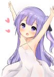  1girl :o \o/ armpits arms_up azur_lane bare_arms bare_shoulders black_ribbon blush commentary_request criss-cross_halter dress hair_bun hair_ribbon halterneck heart highres looking_at_viewer neko_miyabi_(artist) one_side_up open_mouth outstretched_arms purple_hair ribbon side_bun simple_background solo unicorn_(azur_lane) violet_eyes white_background white_dress 