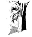  1girl commentary_request dated flying_sweatdrops greyscale hair_ornament hairclip highres long_hair long_sleeves looking_at_viewer low-tied_long_hair mole mole_under_eye monochrome neckerchief original parted_lips shirt skirt solo tree vanilla_(miotanntann) 