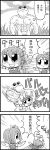  2girls 4koma :d anchor bangs bkub blush bow bowtie cattail cirno clouds comic daiyousei dress emphasis_lines eyebrows_visible_through_hair frog grass greyscale hair_bow highres injury manly monochrome multiple_girls muscle open_mouth plant ponytail punching short_hair simple_background sky smile speed_lines tattoo touhou white_background wings 