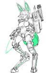  1girl armor binoculars breasts cannon commentary_request exoskeleton gun headphones highres large_breasts legs_apart limited_palette looking_at_viewer microphone navel original short_shorts shorts simple_background sketch solo standing weapon white_background yui_sora 