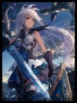  1girl bare_shoulders black_border blurry blurry_background boobplate border brown_eyes brown_gloves brown_skirt closed_mouth clouds cowboy_shot day depth_of_field dragon gloves granblue_fantasy holding holding_sword holding_weapon long_hair outdoors rean_(r_ean) shield skirt solo standing sword the_order_grande weapon white_hair 