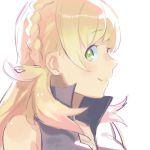  1girl aisutabetao blonde_hair blush braid fire_emblem fire_emblem_heroes gloves green_eyes long_hair looking_at_viewer open_mouth sharena simple_background smile solo white_background 