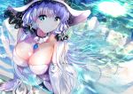  1girl arm_support armlet azur_lane bangs bare_shoulders blue_eyes blush breasts choker cleavage closed_mouth collarbone dress elbow_gloves eyebrows_visible_through_hair gloves hair_between_eyes hair_ornament hair_ribbon hat head_tilt highres illustrious_(azur_lane) in_water jewelry large_breasts light_particles long_hair looking_at_viewer low_twintails mole mole_under_eye ogata_tei pendant reflection ribbon sapphire_(stone) shaded_face sidelocks sleeveless sleeveless_dress smile solo sun sun_hat tress_ribbon twintails water water_drop wet wet_clothes white_dress white_gloves white_hair white_hat 