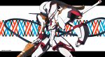  1girl clenched_hand copyright_name darling_in_the_franxx highres holding holding_weapon horns lance letterboxed looking_at_viewer mecha murasaki_saki open_mouth polearm red_eyes solo strelizia weapon 