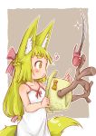  1girl :3 absurdres animal_ears antlers bare_arms bare_shoulders blade blonde_hair bow braid commentary_request doitsuken dress fox_child_(doitsuken) fox_ears fox_tail french_braid grey_background heart highres long_hair low-tied_long_hair orange_bow original rhinoceros_ears simple_background solo sparkle tail white_dress yellow_eyes 