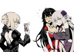  3girls artoria_pendragon_(all) backless_outfit black_dress black_gloves black_hair black_ribbon blonde_hair blue_eyes blush braid breasts cellphone character_request commentary_request dress elbow_gloves embarrassed fate/grand_order fate_(series) flower flying_sweatdrops gloves grey_hair grin hair_bun hair_flower hair_ornament hair_ribbon holding holding_phone jeanne_d&#039;arc_(alter)_(fate) jeanne_d&#039;arc_(fate)_(all) juliet_sleeves large_breasts long_hair long_sleeves looking_at_another multiple_girls nanaya_(daaijianglin) open-back_dress open_mouth phone puffy_sleeves red_dress red_gloves ribbon saber_alter simple_background smartphone smile taking_picture v very_long_hair white_background white_gloves wide-eyed wide_sleeves yellow_eyes 