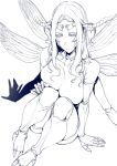  1girl antennae barefoot breasts closed_mouth commentary_request extra_arms fewer_digits grey_sclera greyscale highres insect_girl joints knees_up large_breasts long_hair looking_at_viewer monochrome monster_girl nakamura_regura no_pupils original sitting solo wings 