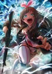  1girl a.i._channel assault_rifle blue_eyes blush breasts commentary_request electricity fleeing gun hairband highres imizu_(nitro_unknown) jacket kizuna_ai leather leather_jacket long_coat long_hair m16 medium_breasts microskirt navel open_mouth pink_hairband playerunknown&#039;s_battlegrounds rifle running school_uniform serafuku skirt solo tears thigh-highs trigger_discipline uvula virtual_youtuber weapon white_legwear white_skirt zettai_ryouiki 