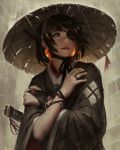  1girl absurdres black_hair bracelet commentary english_commentary eyepatch grey_eyes guweiz hat highres japanese_clothes jewelry katana original parted_lips rain samurai sheath sheathed solo sword weapon wide_sleeves 