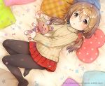  1girl :3 bandage bandaged_arm bandaged_ear bandaged_leg bandaid_on_cheek bangs bed_sheet black_legwear blush brown_eyes brown_sweater closed_eyes closed_mouth commentary_request dutch_angle eyebrows_visible_through_hair hair_between_eyes hair_cubes hair_ornament heart heart_pillow ichihaya light_brown_hair long_hair long_sleeves looking_at_viewer low_twintails lying no_shoes on_side original pantyhose parted_lips pillow plaid plaid_pillow pleated_skirt polka_dot polka_dot_pillow red_skirt ribbed_sweater skirt sleeves_past_wrists solo star stuffed_animal stuffed_bunny stuffed_toy sweater twintails watermark web_address 
