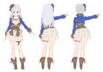 1girl bangs blue_eyes boots breasts brown_footwear closed_mouth contemporary contrapposto flower from_behind gloves grey_hair hair_flower hair_ornament high_heel_boots high_heels holster layered_skirt legband long_hair long_sleeves looking_at_viewer medium_breasts multiple_views nagisa_kurousagi original parted_bangs purple_flower purple_rose rose simple_background skirt standing white_background white_gloves 