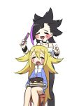  2girls :d =_= absurdres bare_shoulders black_choker black_hair black_legwear blonde_hair blue_skirt blush_stickers cake candle chibi choker closed_eyes commentary_request copyright_request crying eyebrows_visible_through_hair facing_viewer feet_out_of_frame food hair_between_eyes hair_brush hair_flaps highres holding legs_together long_hair long_sleeves messy_hair multiple_girls open_mouth pantyhose pencil_skirt simple_background sitting skirt smile stool tears tostantan tray very_long_hair white_background 