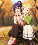  2girls :d ^_^ animal_ears arm_around_shoulder autumn black_legwear blonde_hair bow braid brown_footwear closed_eyes food fur-trimmed_shorts green_sweater hair_bow hair_over_shoulder holding holding_food log long_skirt long_sleeves looking_at_viewer love_live! love_live!_sunshine!! matsuura_kanan multiple_girls ohara_mari open_mouth pantyhose pink_footwear pointing pointing_at_self ponytail potato purple_hair ribbed_sweater scrunchie shoes sitting skirt smile sneakers socks_over_pantyhose steam sweater twin_braids violet_eyes white_bow white_scrunchie white_sweater zi_long 