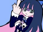  animal_ears artist_request bangs blue_background blue_dress blue_hair blunt_bangs bow cat_ears doll dress gothic hair_bow hand_up highres holding holding_doll honekoneko_(psg) long_hair long_sleeves looking_at_viewer middle_finger multicolored_hair panty_&amp;_stocking_with_garterbelt photoshop simple_background source_request stocking_(psg) 