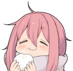  1girl :t bangs baozi closed_eyes closed_mouth eating eyebrows eyebrows_visible_through_hair facing_viewer food food_on_face hair_between_eyes hands_up happy holding holding_food kagamihara_nadeshiko long_hair lowres moru_(monaka) pink_hair scarf simple_background smile solo white_background yurucamp 