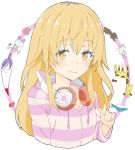  1girl absurdres blonde_hair blush closed_mouth copyright_request cropped_torso donguri_suzume eyebrows_visible_through_hair hand_up headphones headphones_around_neck highres hood hood_down hoodie long_sleeves looking_at_viewer smile solo striped striped_hoodie upper_body yellow_eyes 