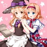  2girls alice_margatroid apron black_dress black_shirt black_skirt blonde_hair blue_dress blue_eyes blush book bow braid capelet closed_mouth dress frilled_hat frilled_ribbon frills hairband hat hat_bow highres holding holding_book interlocked_fingers kirisame_marisa lolita_hairband long_hair looking_at_another multiple_girls open_mouth puffy_short_sleeves puffy_sleeves purple_bow red_hairband ribbon ruu_(tksymkw) shirt short_hair short_sleeves skirt smile touhou waist_apron white_apron witch_hat yellow_eyes yuri 