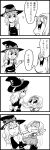  2girls 4koma :d :o alice_margatroid arms_up bkub blush bow braid closed_eyes comic dress greyscale hat hat_bow head_grab headband highres kirisame_marisa long_hair monochrome multiple_girls open_mouth short_hair simple_background smile sweatdrop touhou translation_request white_background younger 