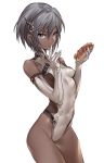  1girl breasts covered_navel cowboy_shot dark_skin eating elbow_gloves finger_to_mouth food food_on_face gloves gluteal_fold grey_eyes hair_between_eyes hair_ornament highres hot_dog leotard maruchi original short_hair silver_hair simple_background skin_tight small_breasts solo white_background white_gloves 