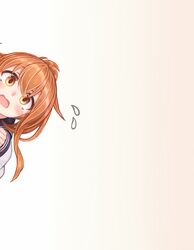  1girl blue_eyes blush child eyebrows_visible_through_hair flying_sweatdrops gradient gradient_background highres inazuma_(kantai_collection) kantai_collection long_hair long_sleeves looking_at_viewer open_mouth orange_hair peeking_out reitou_mikan school_uniform serafuku shiny shiny_hair sidelocks solo tareme upper_body yellow_background 