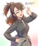  1girl ;d amaretto_(girls_und_panzer) anzio_military_uniform asymmetrical_bangs bangs black_belt black_shirt breasts brown_eyes brown_hair cleavage commentary dress_shirt eyebrows_visible_through_hair girls_und_panzer grey_jacket hand_on_hip head_tilt jacket jacket_pull long_hair long_sleeves looking_at_viewer medium_breasts military military_uniform one_eye_closed open_mouth pointing pointing_at_viewer shinmai_(kyata) shirt smile solo standing twitter_username uniform upper_body white_background wing_collar 