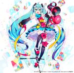  1girl :d ahoge aqua_hair balloon bow commentary_request cube detached_sleeves full_body green_eyes hair_between_eyes hair_ornament hatsune_miku long_hair looking_at_viewer magical_mirai_(vocaloid) megaphone microphone_stand mika_pikazo official_art open_mouth platform_footwear smile solo thigh-highs twintails upskirt very_long_hair vocaloid white_background 