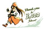  1girl bare_shoulders black_gloves brown_hair closed_mouth commentary_request english fingerless_gloves followers gloves guilty_gear hankuri hat long_hair may_(guilty_gear) orange_footwear orange_shorts running shorts smile solo thank_you 