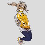  1girl backpack bag brown_hair glasses grey_background hands_in_pockets harada_yuuichi jacket leggings orange_eyes original ponytail shoes shorts sneakers solo track_jacket 