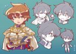  1boy armor blush brown_eyes brown_hair cape chibi fire_emblem fire_emblem:_seisen_no_keifu fire_emblem:_thracia_776 gloves highres kiriya_(552260) leaf_(fire_emblem) looking_at_viewer open_mouth short_hair smile sword weapon 