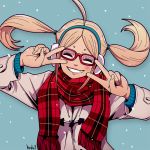  1girl ahoge blonde_hair double_v earmuffs glasses harada_yuuichi jacket original red-framed_eyewear scarf simple_background smile snowing solo twintails upper_body v 