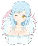  1girl absurdres blue_hair braid breasts cleavage copyright_request donguri_suzume eyebrows_visible_through_hair french_braid head_tilt highres large_breasts looking_at_viewer mole mole_on_breast mole_under_mouth one_eye_closed smile solo upper_body wings yellow_eyes 