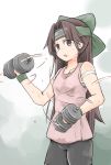  1girl bike_shorts black_shorts bow breasts brown_eyes brown_hair dumbbell enjaku_izuku exercise flying_sweatdrops forehead_protector green_bow hair_bow hair_intakes hand_up highres jintsuu_(kantai_collection) kantai_collection large_bow long_hair looking_at_viewer motion_lines open_mouth pink_shirt sarashi shirt shorts small_breasts solo sweat sweat_stain sweating tank_top very_long_hair weightlifting wristband 