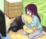  &gt;:d 1girl animal aqua_shirt bangs barefoot bed_sheet bedroom blue_shirt blush brown_eyes brown_hair clenched_hand collar denchuubou dog drawer excited grey_pants indoors long_hair long_sleeves looking_to_the_side one_eye_closed open_mouth original pants pet pillow pillow_hug red_collar seiza shirt sitting smile sweatpants television wooden_floor 