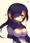  1girl bangs black_gloves black_hair blush breasts closed_mouth elbow_gloves emperor_penguin_(kemono_friends) gloves hair_over_one_eye hand_on_own_chest hand_up headphones heart highres impossible_clothes kemono_friends large_breasts long_hair muuran orange_eyes short_sleeves signature smile solo turtleneck zipper_pull_tab 