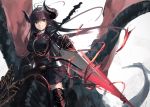  1girl antenna_hair banner black_skirt bow bowtie breasts brown_hair commentary_request copyright_request dragon dragon_riding holding holding_weapon horns long_hair looking_at_viewer medium_breasts metal_boots rean_(r_ean) red_eyes red_neckwear sitting skirt smile solo weapon 
